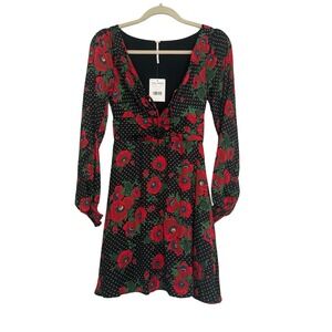 Free People Floral Polka Dot Mini Dress V-Neck Balloon Sleeve Size 0